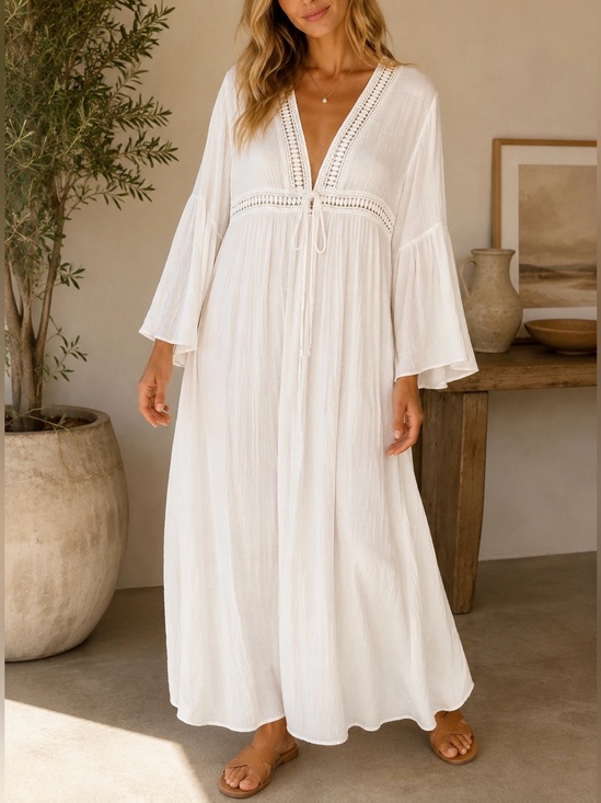 Cupshe Other - Cupshe Cream Crochet Trim Maxi Cover Up Bell Sleeve Boho Beach Swimwear OS